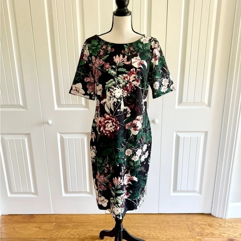 Calvin Klein Floral Scuba Sheath Dress 10 Black Pink Wedding Guest Midi